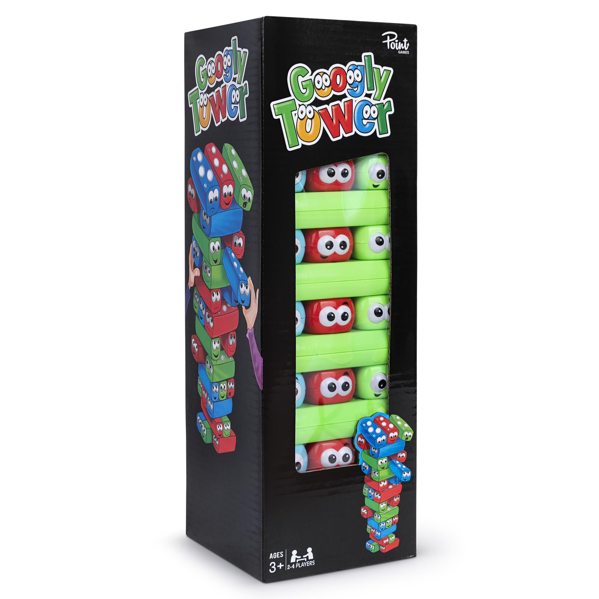 Point Games Googly Tower bricks stacked for cooperative family fun.
