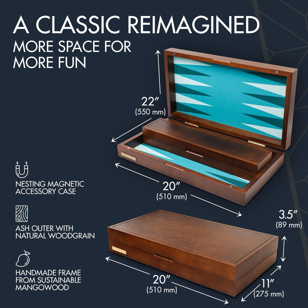 Pointworks handmade backgammon board highlighting rich wood grain for display