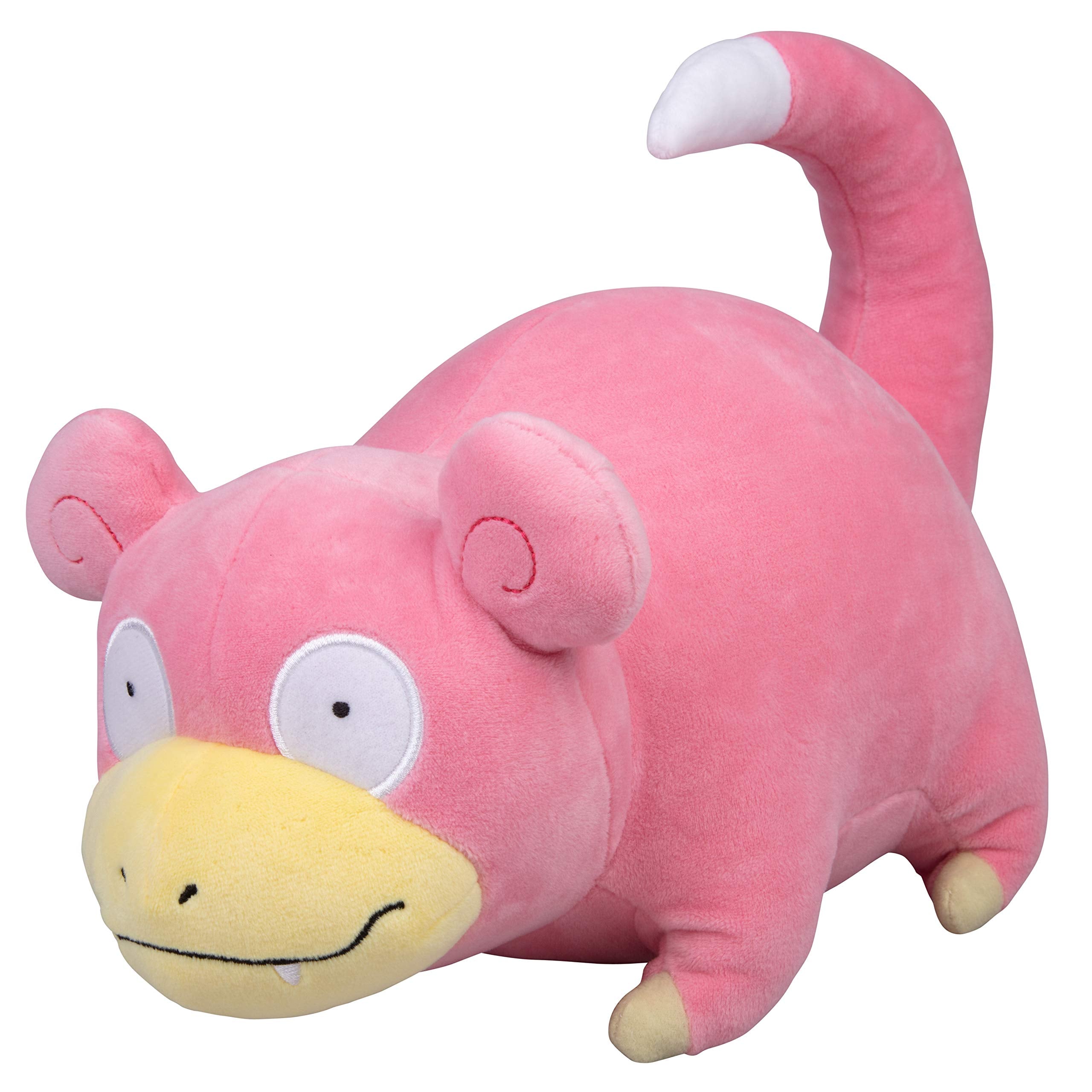Pokémon Slowpoke plush close-up face shows soft fabric and friendly expression.