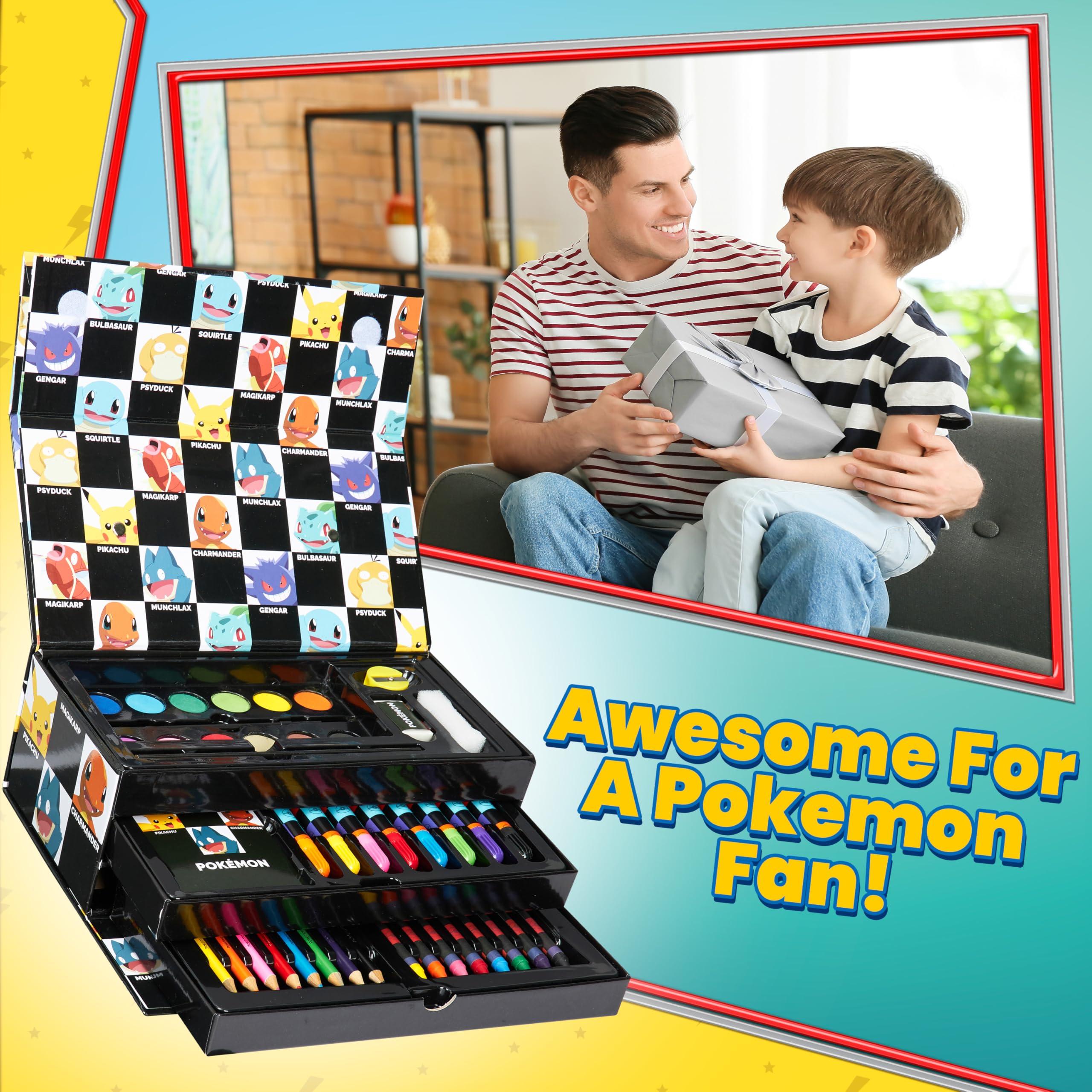 Pokémon art set kids drawing Pikachu portrait showcases versatile drawing tools.