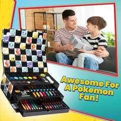 Pokémon art set kids drawing Pikachu portrait showcases versatile drawing tools.