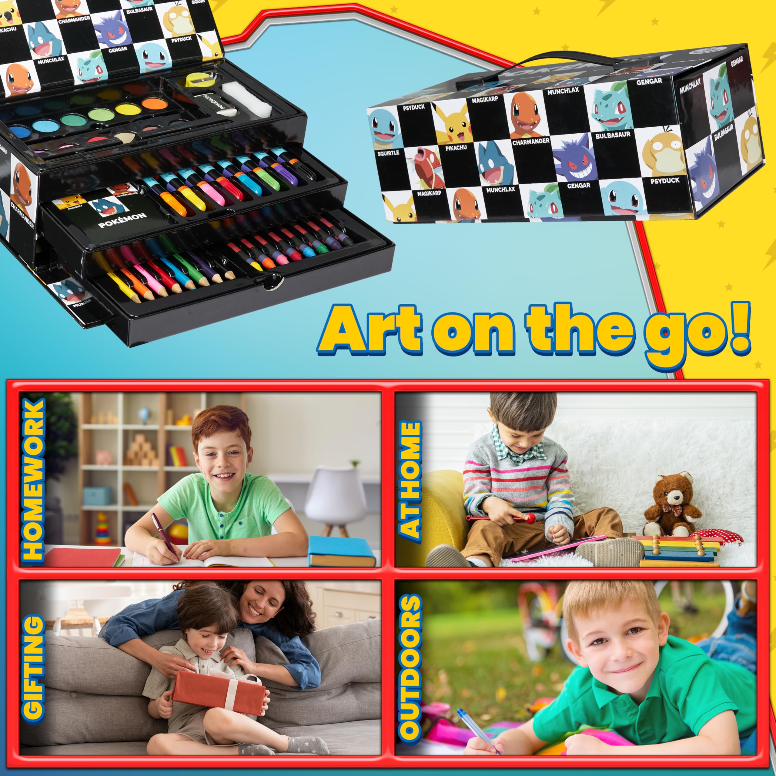 Pokémon art set markers-crayons-closeup highlights vibrant colors for creative play.