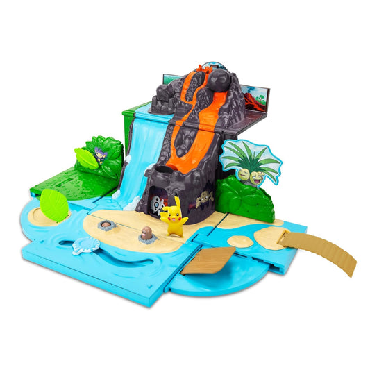 Pokemon Carry Case Volcano Playset shows erupting volcano for dramatic adventures.