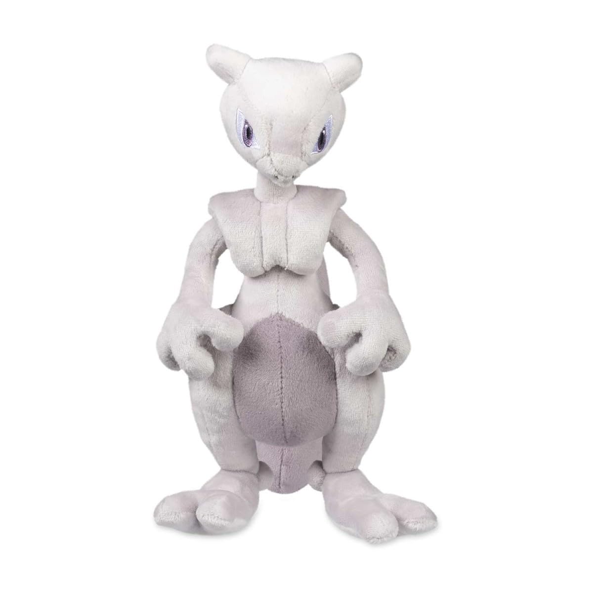 Pokemon Center Mewtwo plush side profile, desk companion for display and focus.