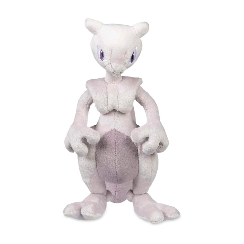 Pokemon Center Mewtwo plush side profile, desk companion for display and focus.