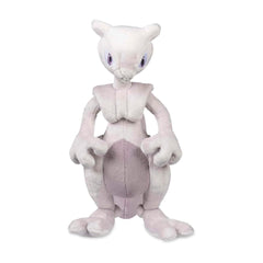 Pokemon Center Mewtwo plush side profile, desk companion for display and focus.