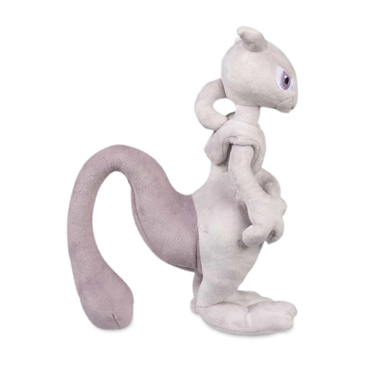 Pokemon Center Mewtwo plush standing pose, guard-like shelf companion.