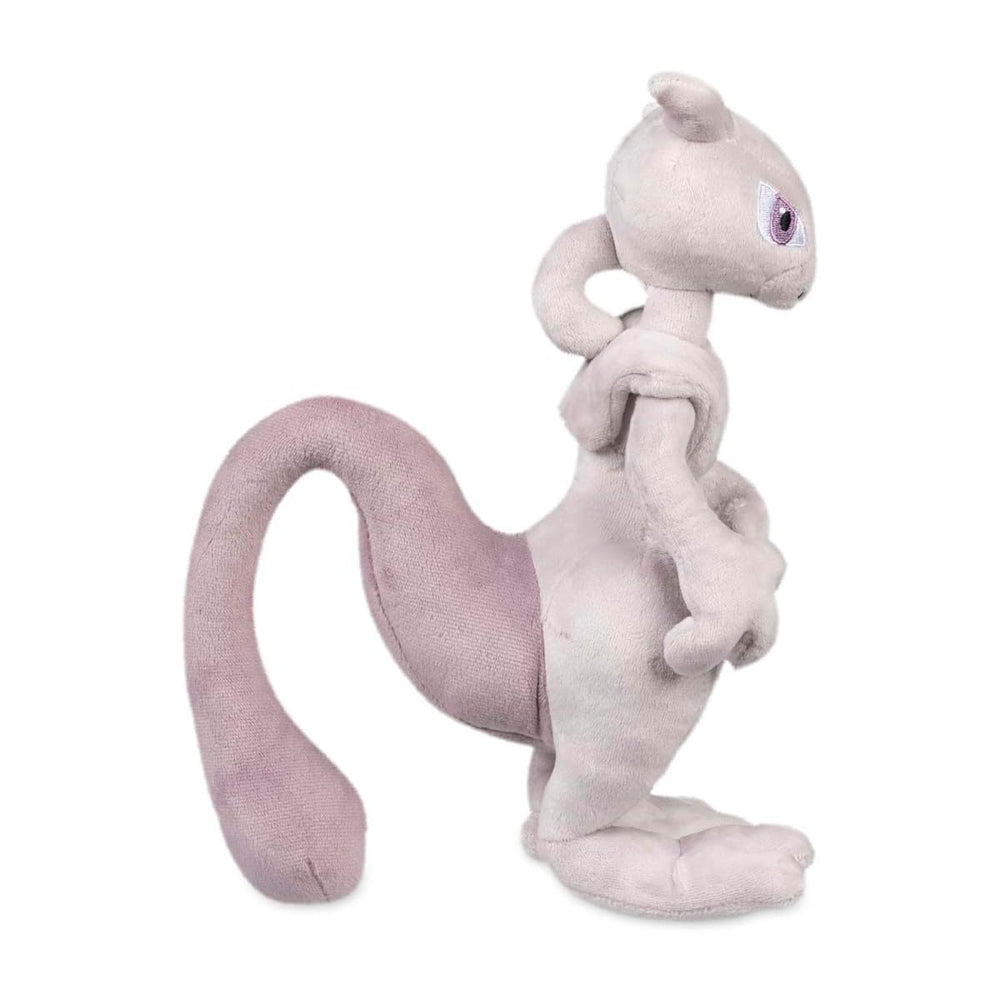 Pokemon Center Mewtwo plush standing pose, guard-like shelf companion.