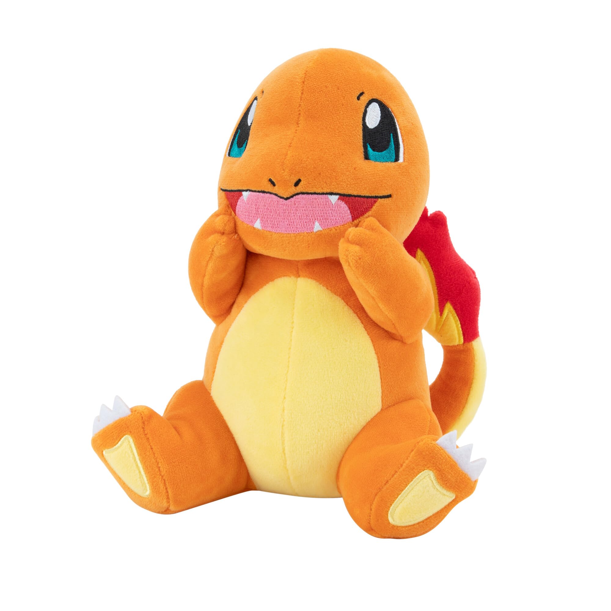 Pokémon Charmander plush close-up face detail showing soft fabric and stitched features.