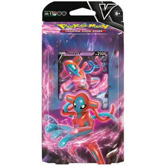 Pokémon Deoxys V Battle Deck contents showing playmat, damage counters, and coins.