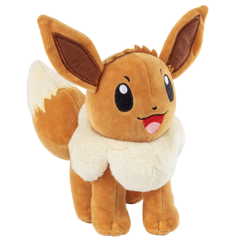 Pokémon Eevee plush face close-up reveals friendly expression.