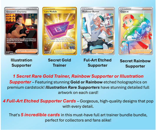 Pokémon full-art etched trainer card showcases vibrant art for display.