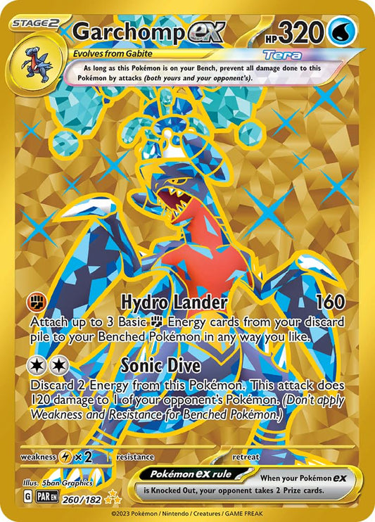 Pokémon Garchomp ex card from Paradox Rift with gold foil, ideal for display and collection.