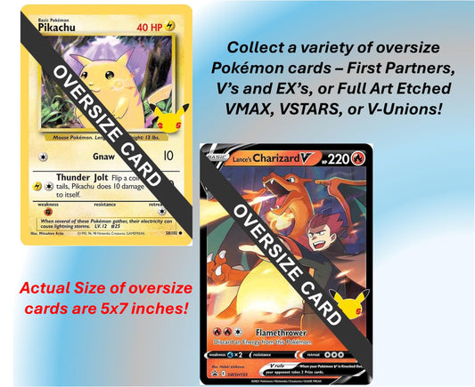 Pokémon jumbo cards show real 5x7 inch size for desk display.