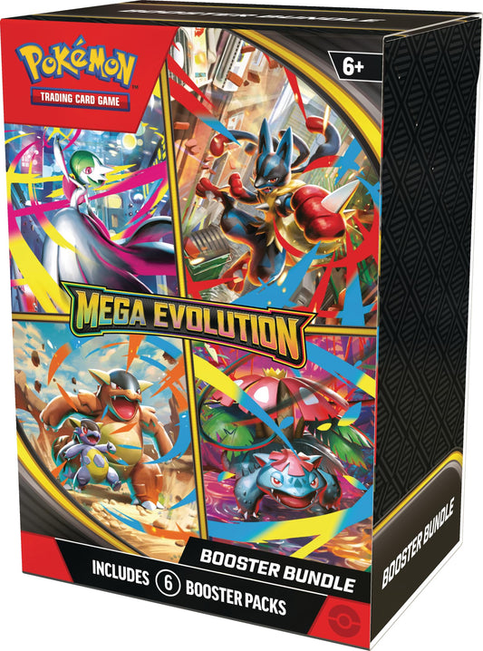 Pokemon Mega Evolution Booster Bundle front view with six booster packs for collectors.
