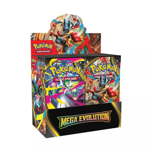 Pokémon Mega Evolution booster display — front view with ex cards on display.