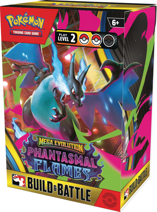 Pokemon TCG Mega Evolution Phantasmal Flames box cover highlights foil promo and ready-to-play deck.