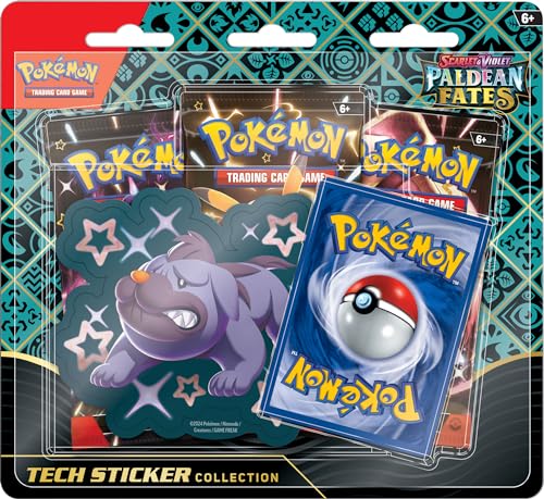 Pokemon Paldea Fates tech sticker on a tablet, enhances style while showcasing a Shiny collectible.
