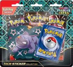 Pokemon Paldea Fates tech sticker on a tablet, enhances style while showcasing a Shiny collectible.