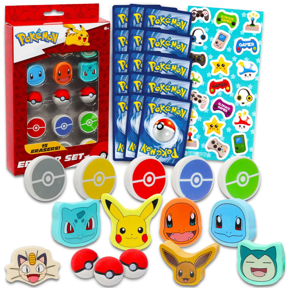 Pokemon Party Favor Set with Pokeball erasers in bright colors for party favors