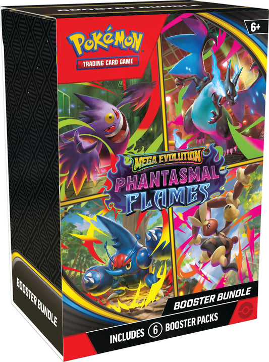 Pokémon Phantasmal Flames booster bundle showing six boosters for collection growth.