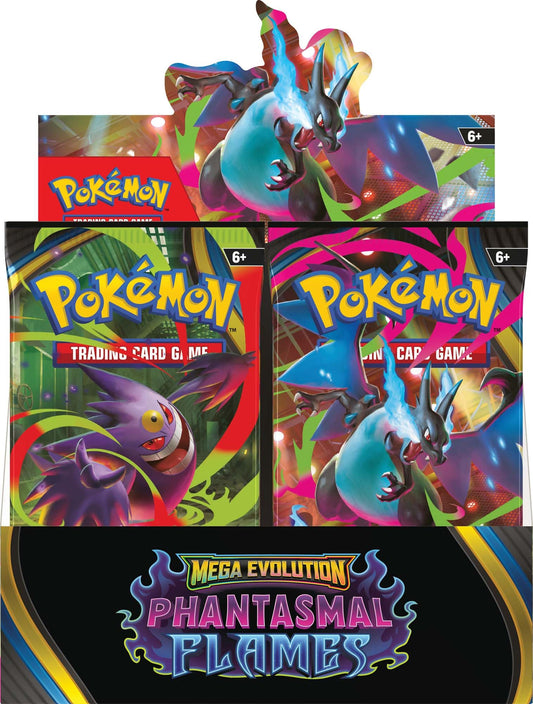 Pokémon Phantasmal Flames booster display box front with Mega Evolution artwork for collectors.