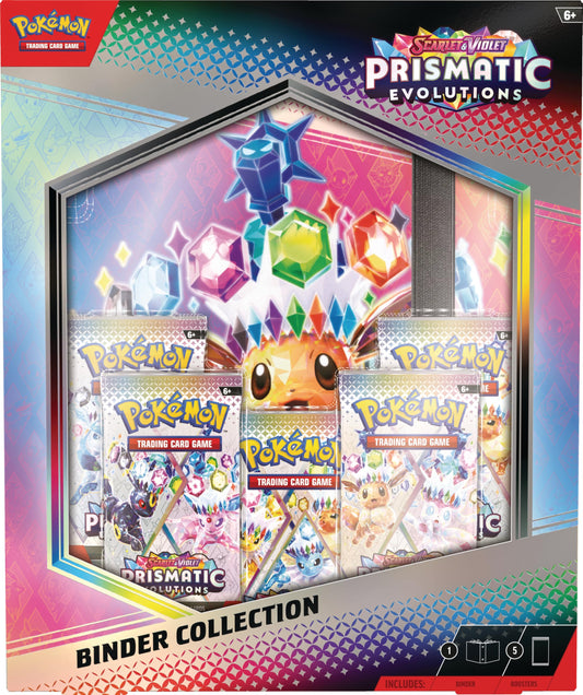 Pokémon Prismatic Evolutions binder cover featuring Eevee and friends, ideal for organized display.