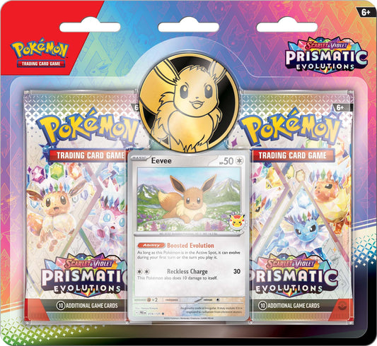 Pokemon Prism Evolutions Eevee foil card with Pokémon Day 2025 logo, shown for collection display.