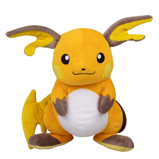 Pokémon Raichu plush side view, ideal travel companion.