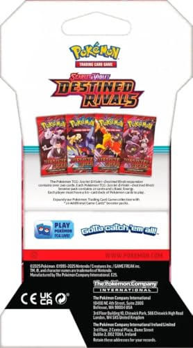 Pokémon Scarlet and Violet Destined Rivals booster pack side, showcasing brand logo and packaging.