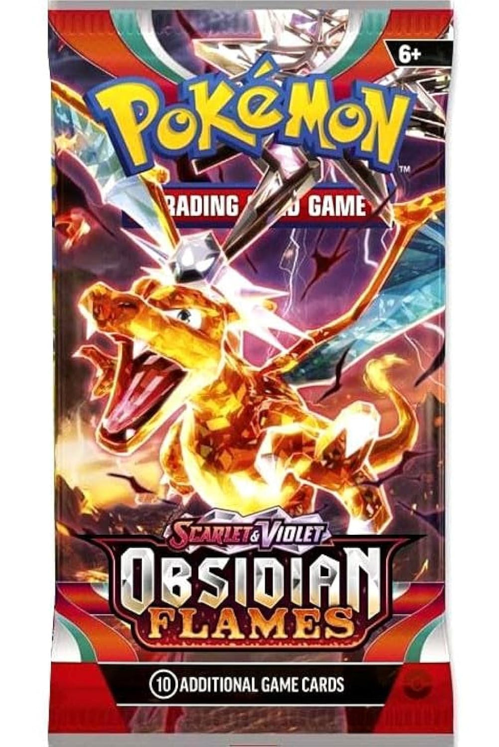 Pokemon Scarlet and Violet Obsidian Flames booster pack cover with Charizard ex artwork