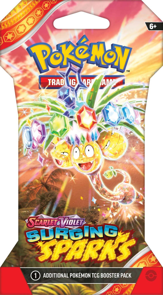 Pokémon Surging Spark booster pack front with electric artwork, ideal for collectors.
