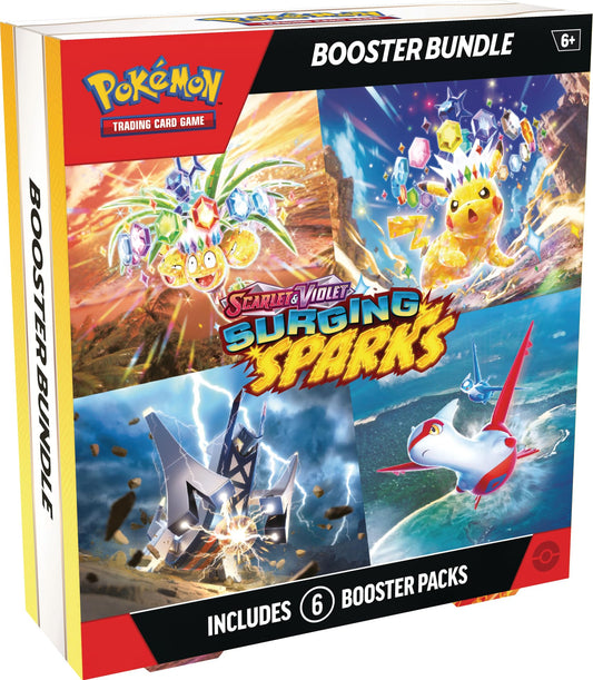 Pokemon Surging Sparks booster bundle, front view, expanding your collection