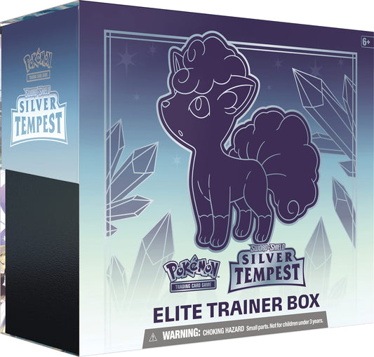 Pokemon Sword and Shield Silver Tempest ETB box art for easy collection