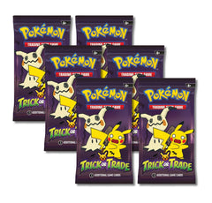Pokémon Trick or Trade Mimikyu & Pikachu mini booster pack scene highlighting collectible cards and battle readiness