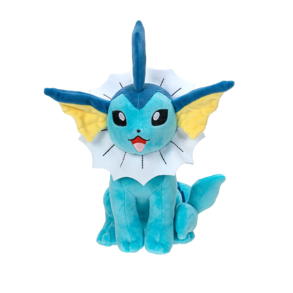 Pokémon Vaporeon 8-inch plush, display-ready pose for shelf decor.