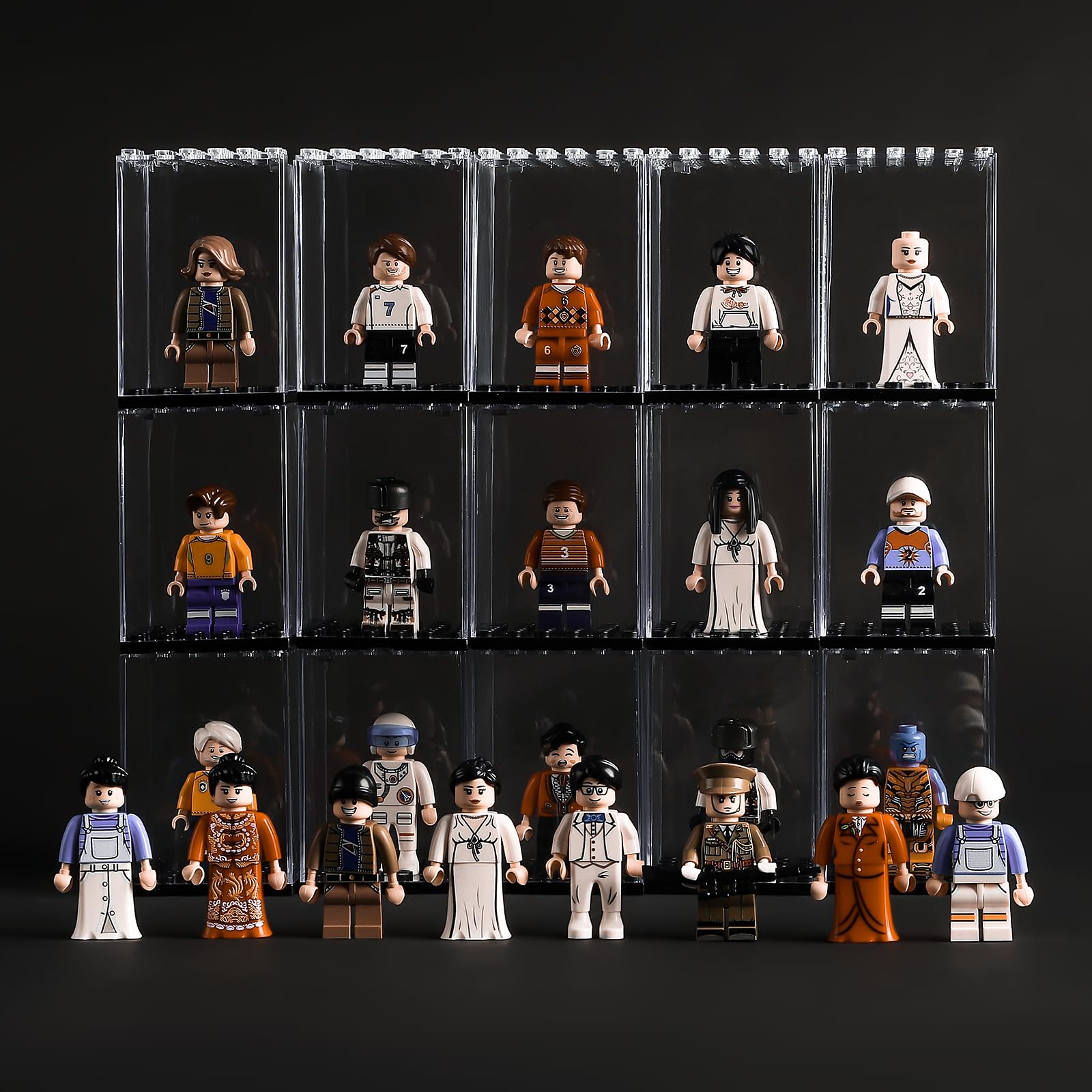 Pokiiulk 15-pack minifigure display case set for tidy, modular displays.