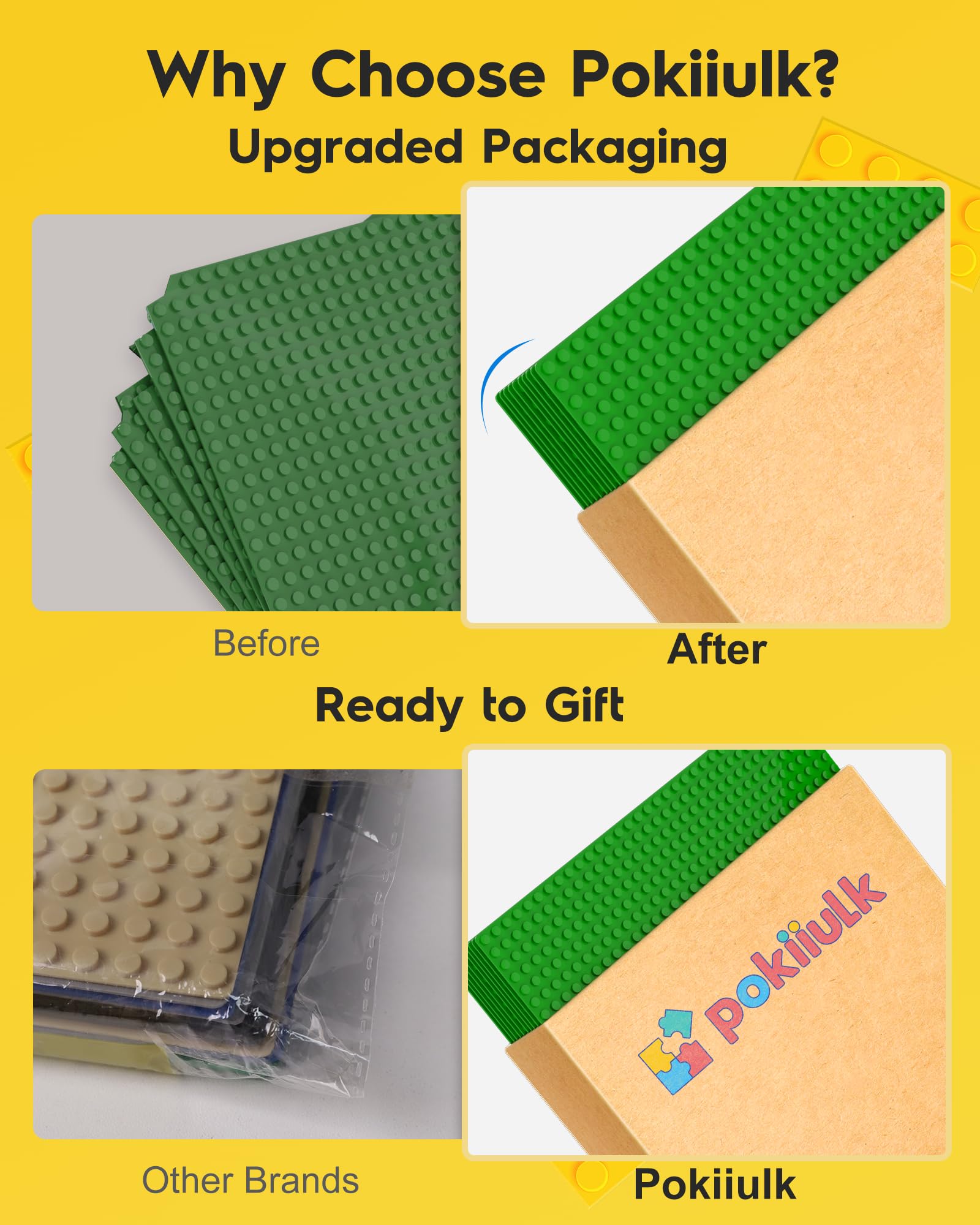 Pokiiulk baseplates demonstrating compatibility with major brick brands