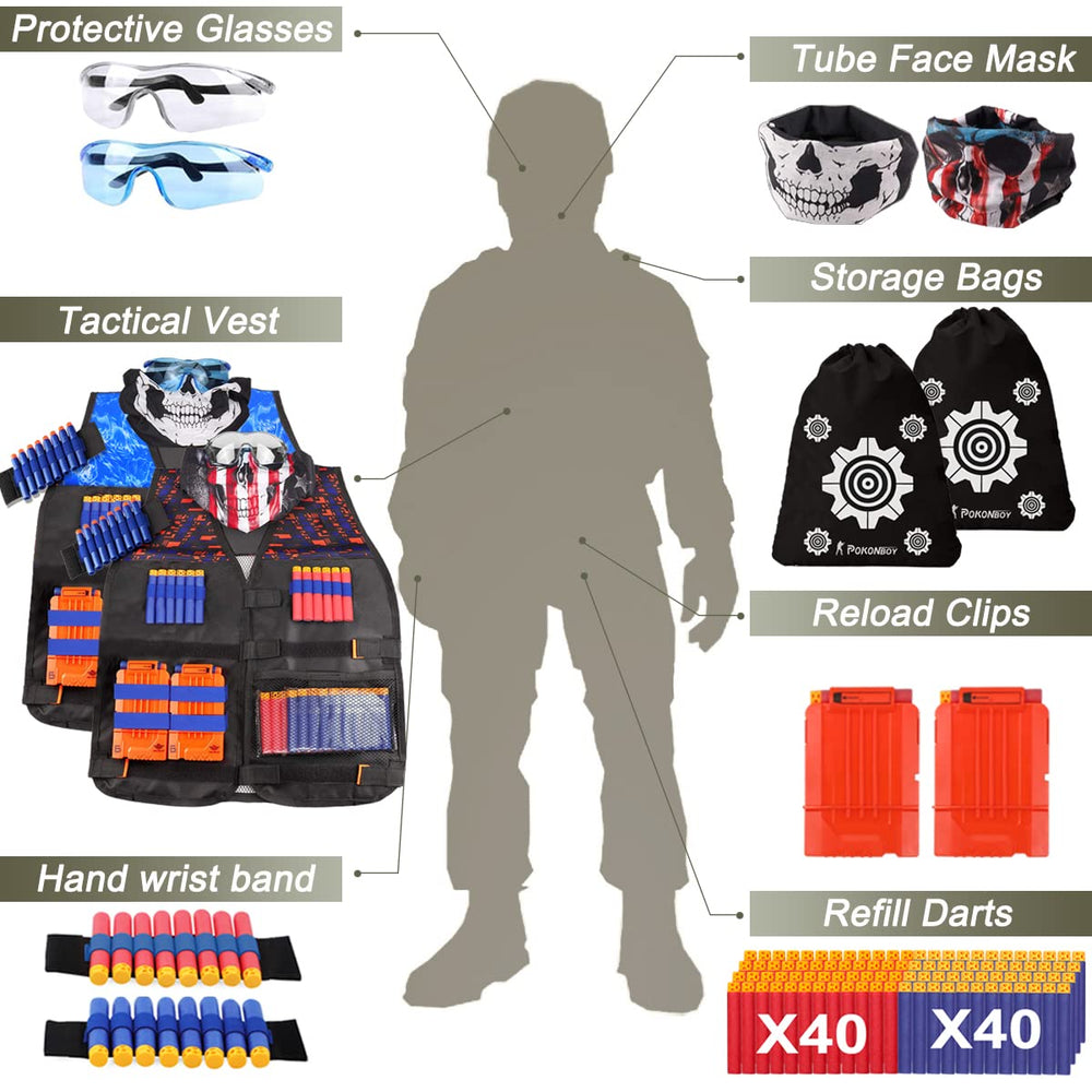 POKONBOY face masks on a vest set, breathable protection for Nerf sessions.