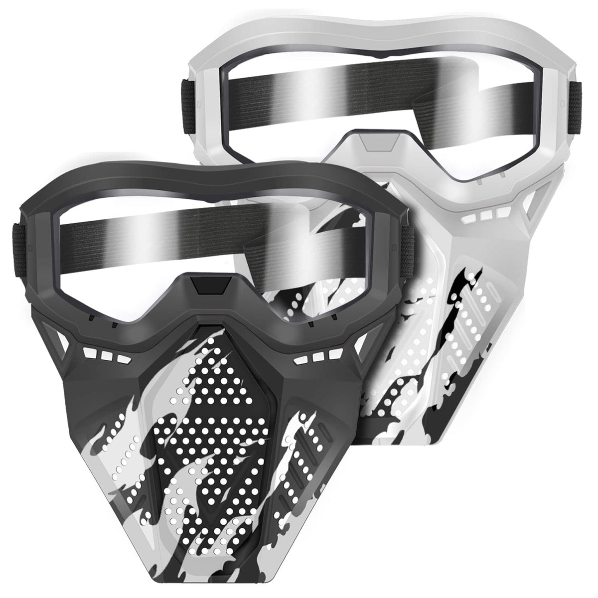 POKONBOY white tactical mask with goggles for Nerf play and eye protection.