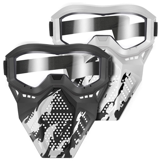 POKONBOY white tactical mask with goggles for Nerf play and eye protection.