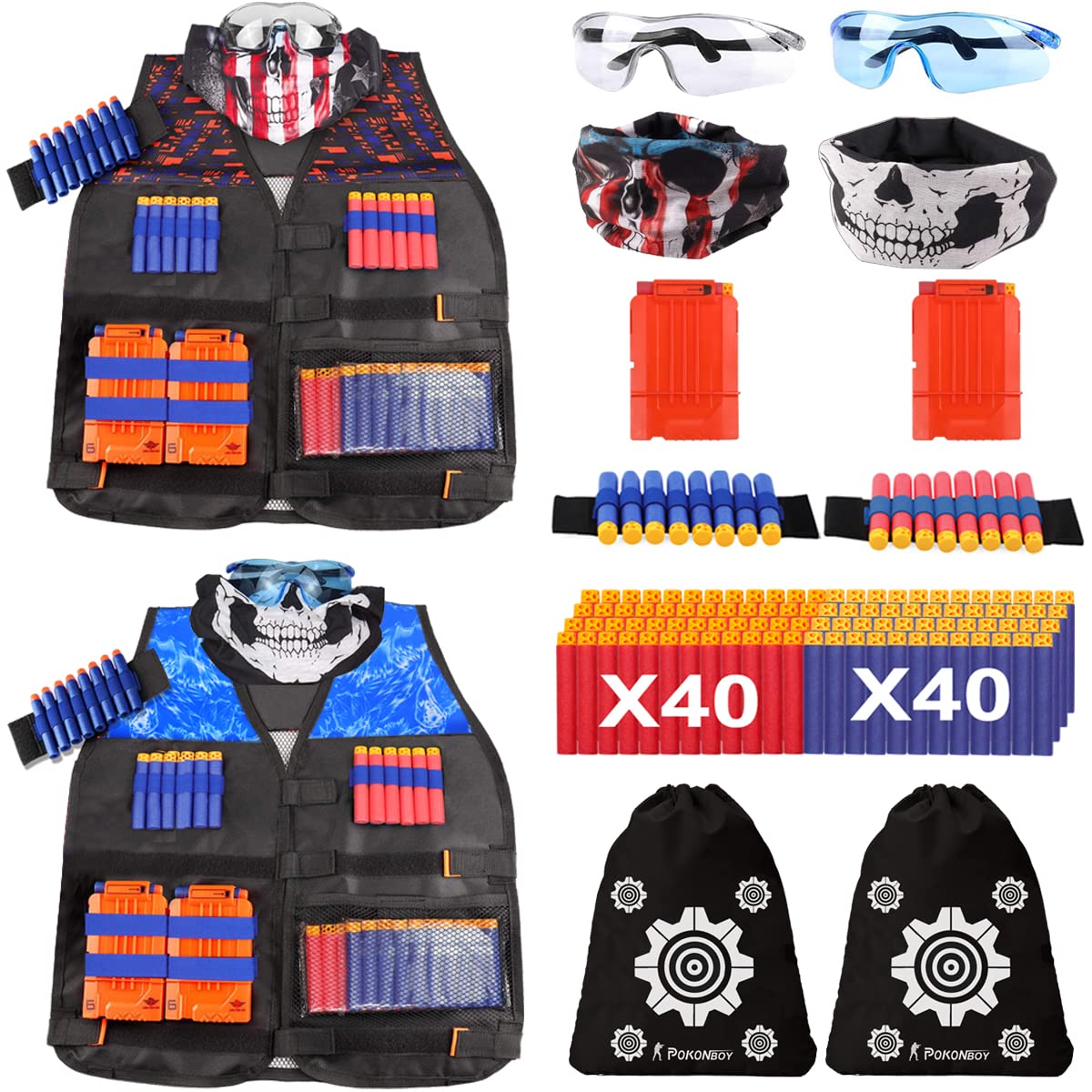 POKONBOY tactical vest kit front view for Nerf battles with two-team colors.