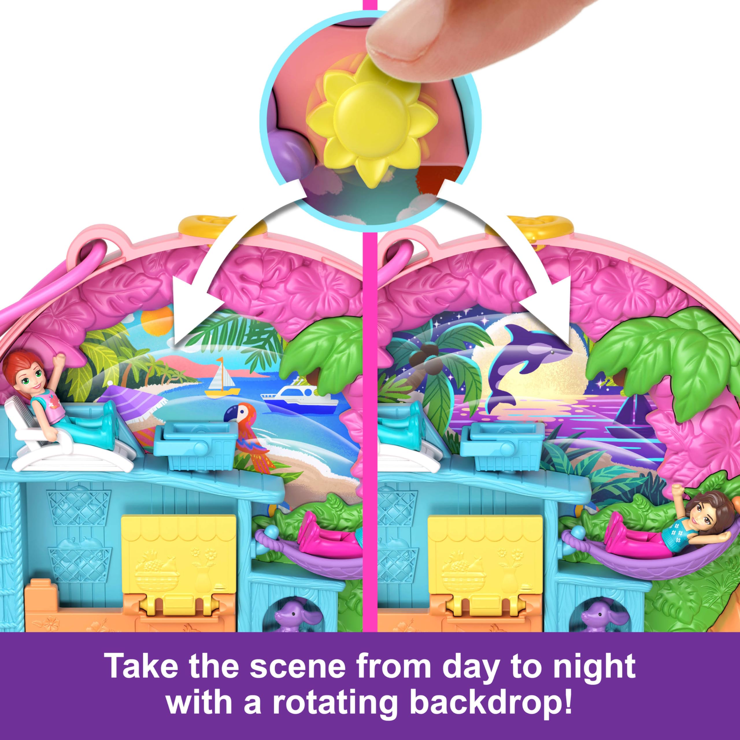 Polly Pocket Adventure Moped Compact includes two micro dolls and 12 accessories