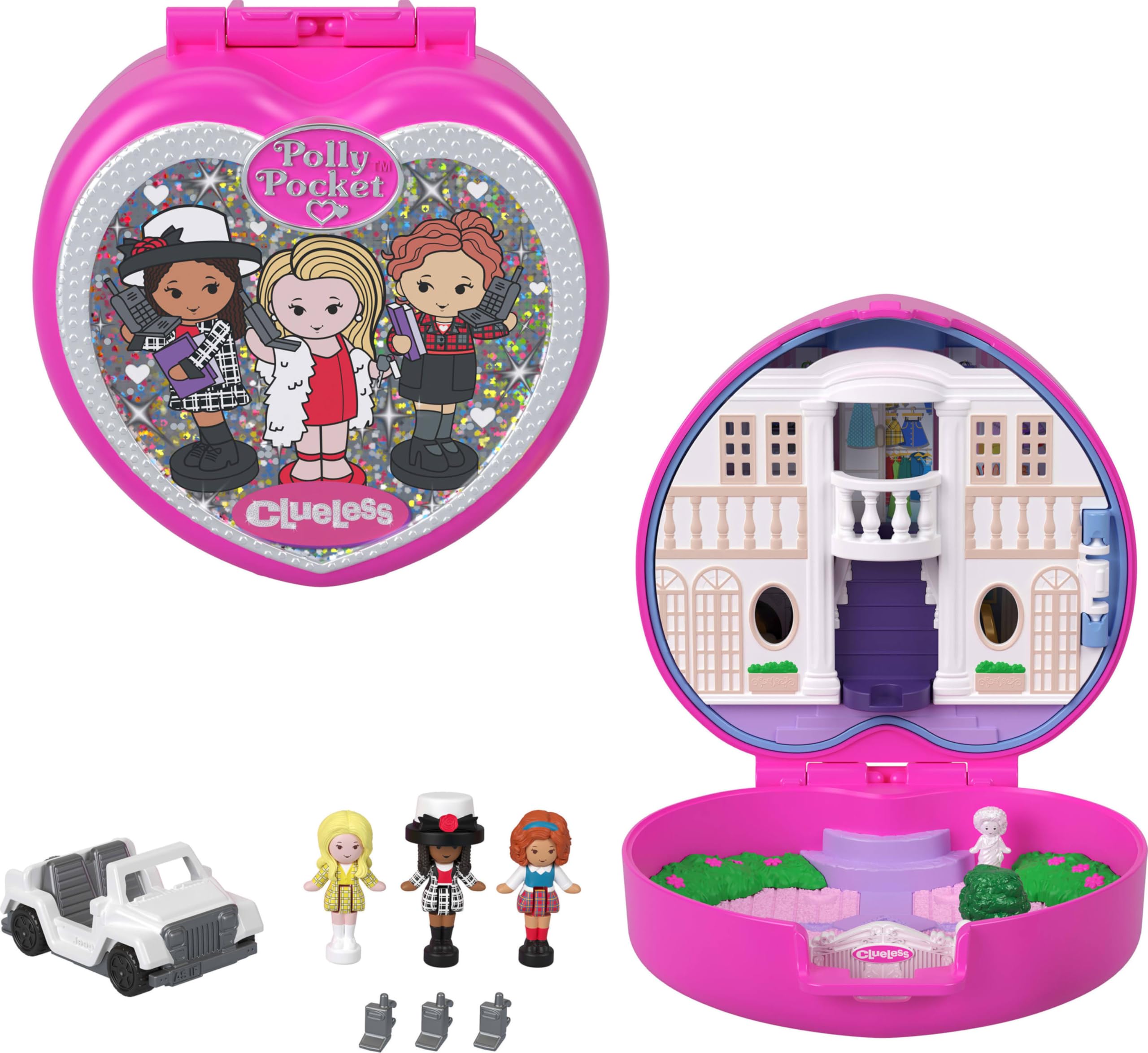 Polly Pocket Clueless collector compact front cover featuring Cher, Dionne, and Tai for display and imaginative play.