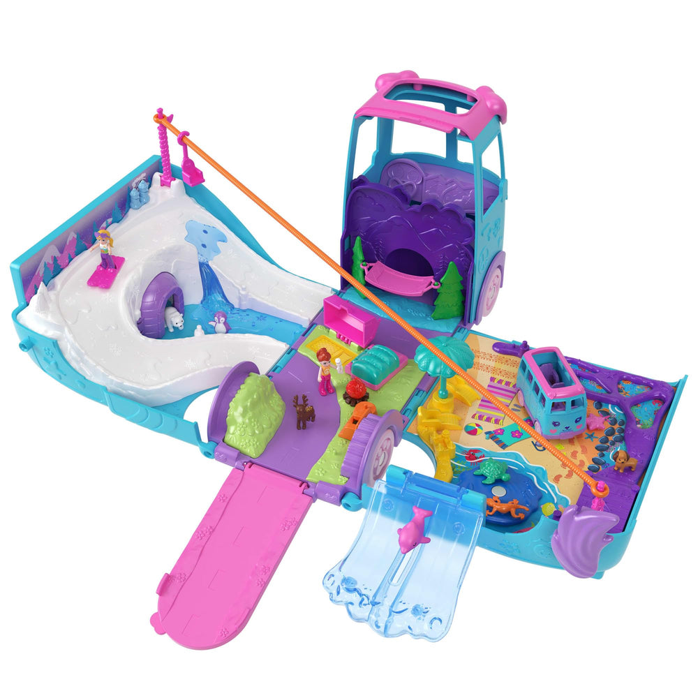 Polly Pocket dolphins surfing beside the pet van for water play adventures.