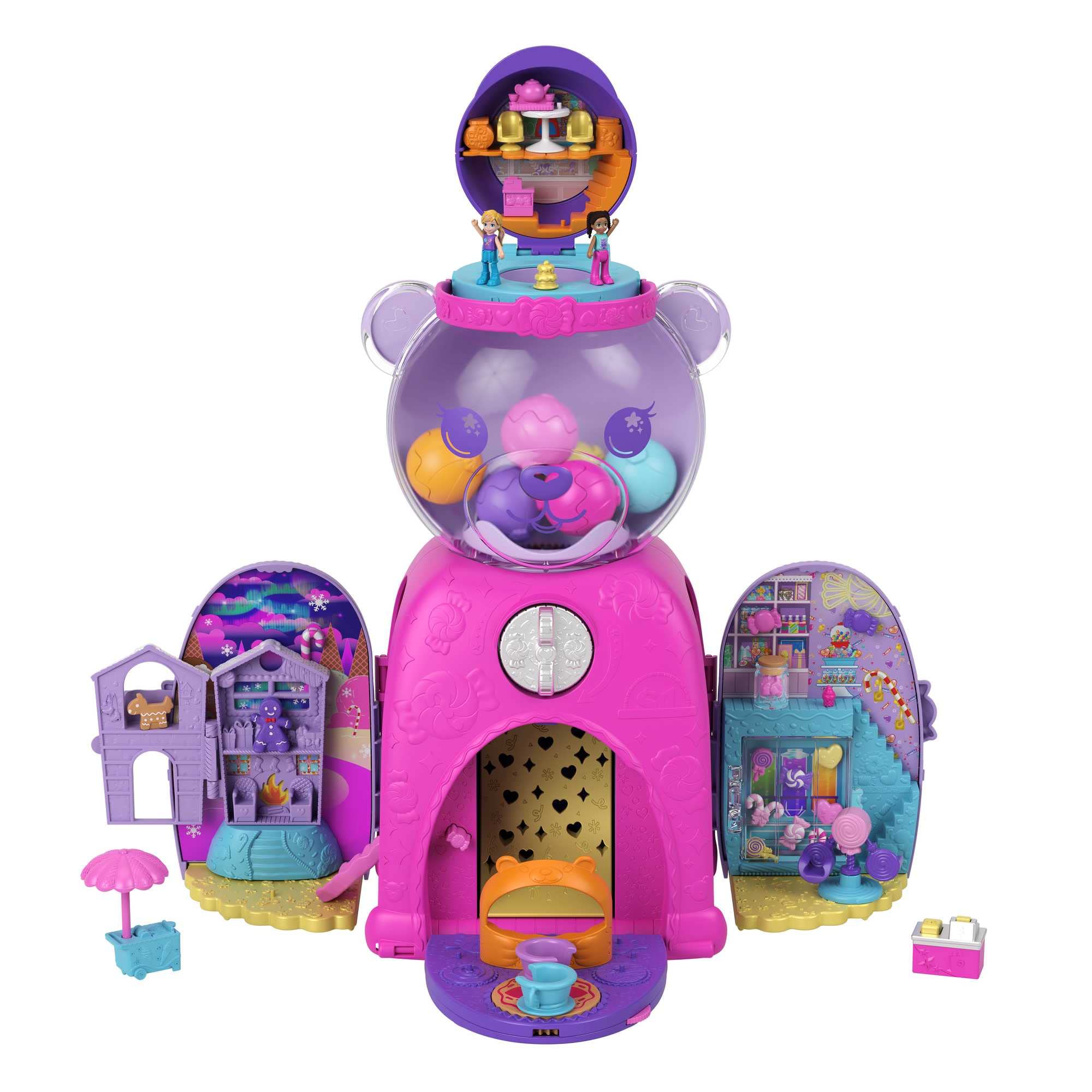 Polly Pocket Gumball Bear playset gingerbread house opens for story moments.