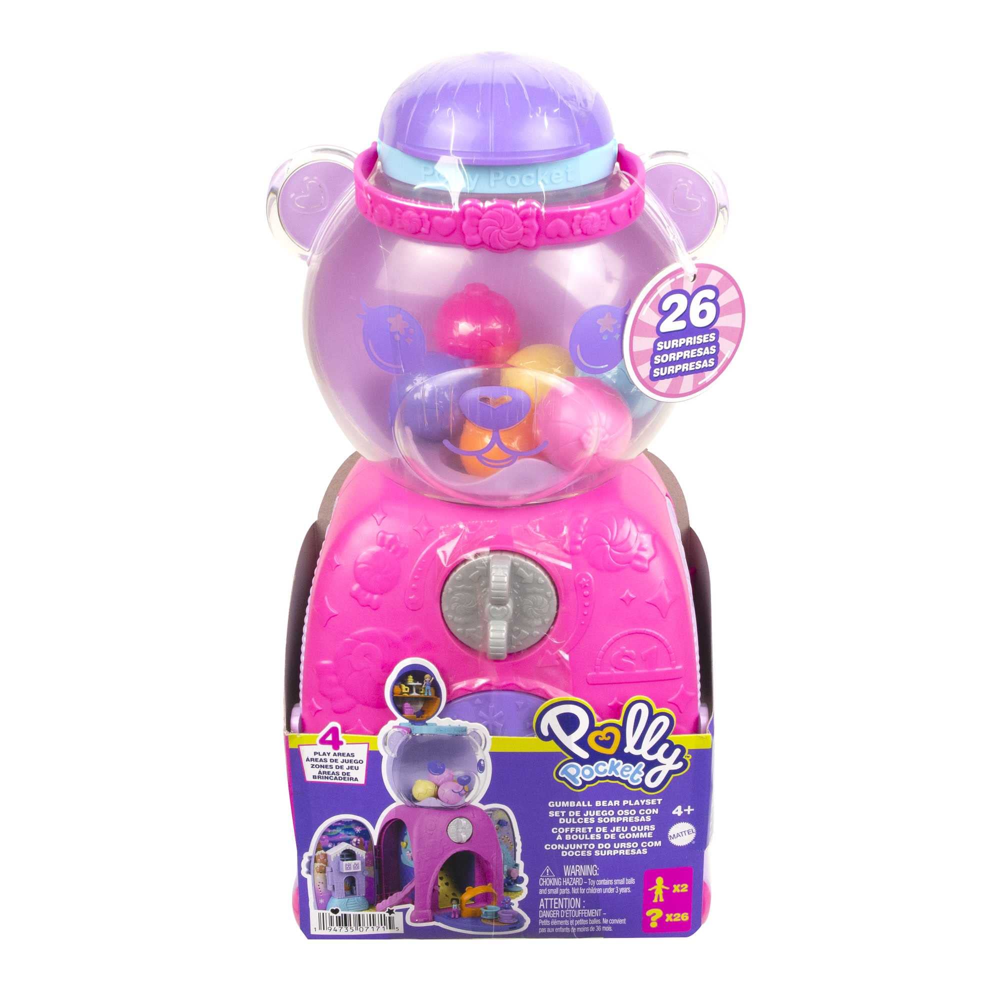 Polly Pocket Gumball Bear playset Pop and Swap pegs boost mix-and-match play.