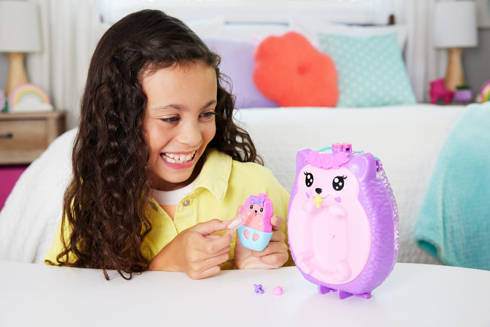 Polly Pocket hedgehog purse bridge links the two compacts for on the go adventures