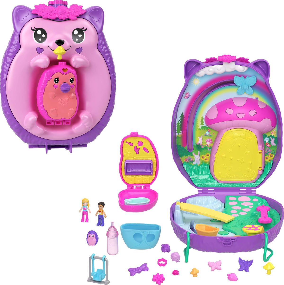 Polly Pocket hedgehog purse open shows portable 2-in-1 play with micro dolls