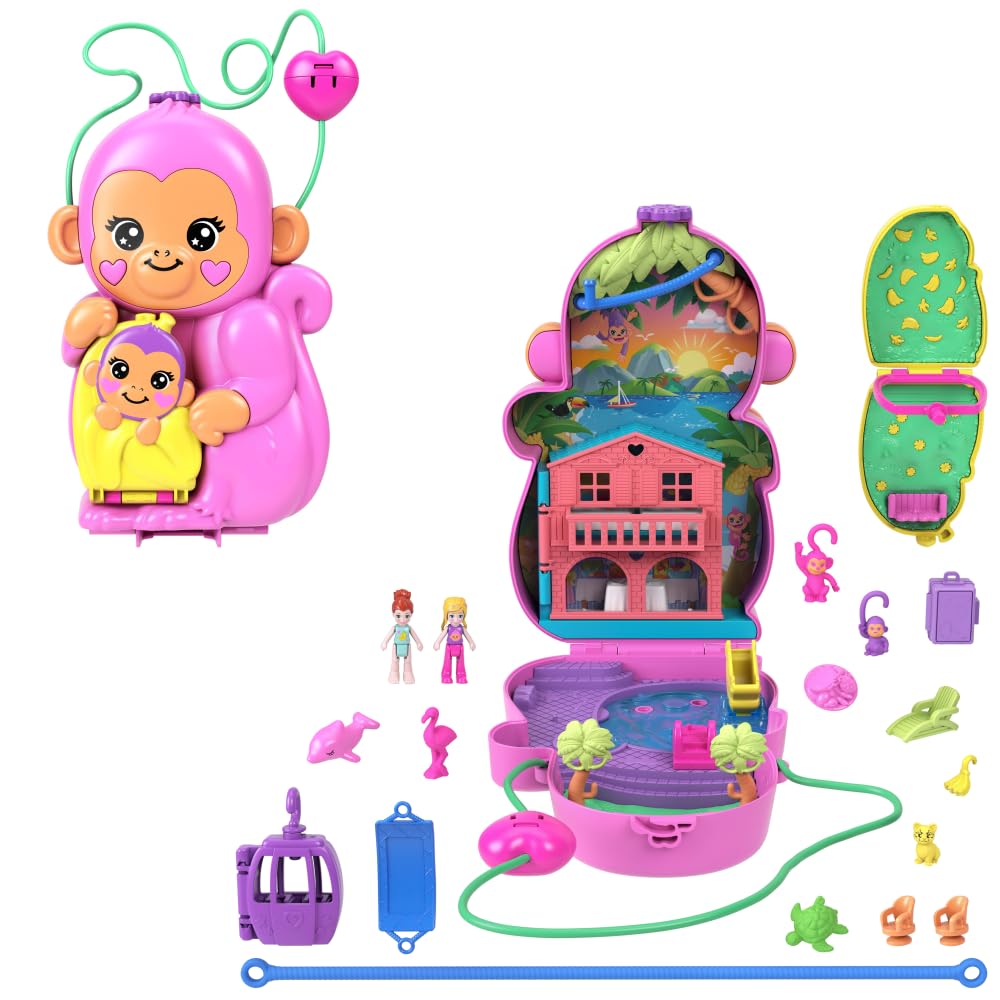 Polly Pocket Momma Monkey and Baby purse connection highlights portable jungle play.